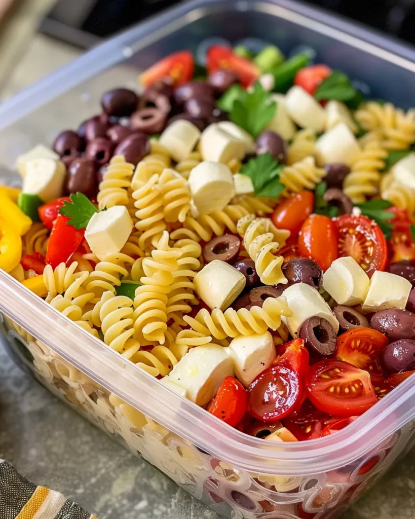 Classic pasta salad ingredients in a plastic container, featuring rotini, cherry tomatoes, olives, and mozzarella.