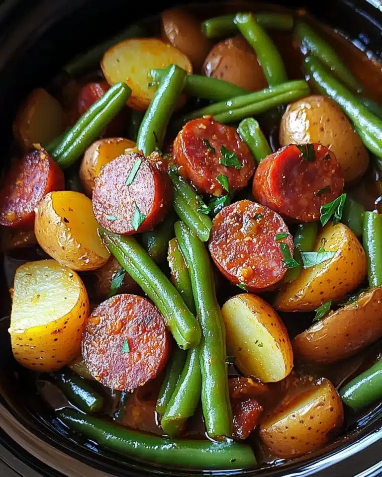 Close-up of crockpot meal with kielbasa, potatoes, and green beans