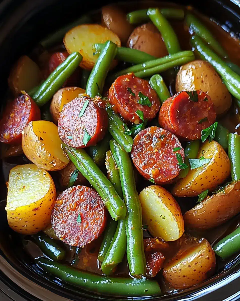 Close-up of crockpot meal with kielbasa, potatoes, and green beans