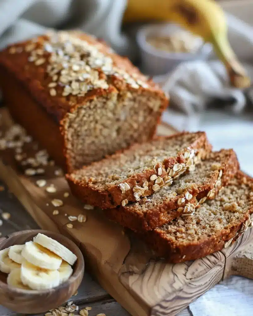 Sliced banana oat bread next to fresh banana rounds