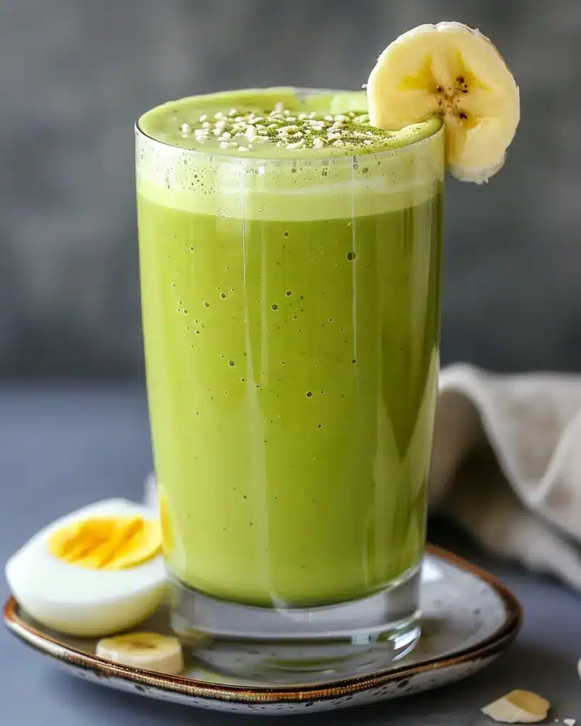 Green smoothie with banana slice and hard-boiled egg on side