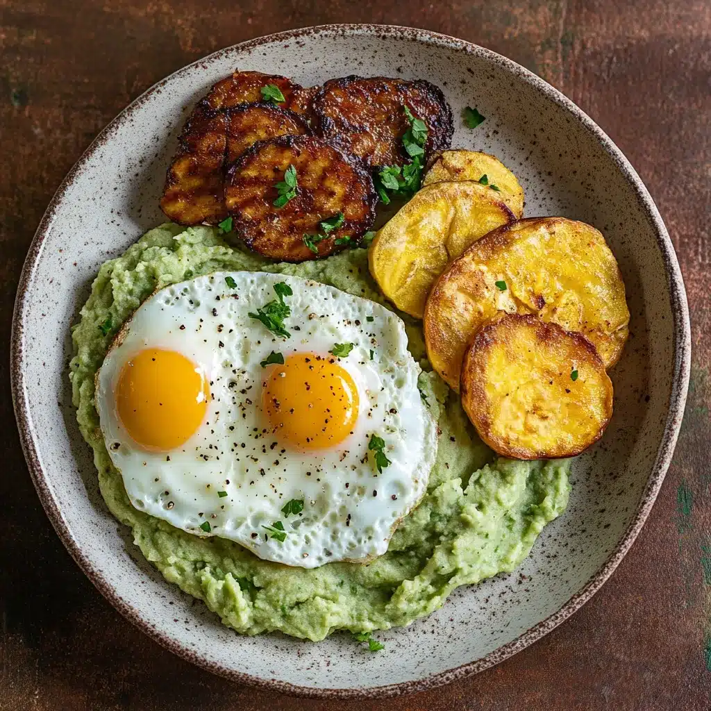 Dominican breakfast with fried eggs, mashed green plantains, and sausage