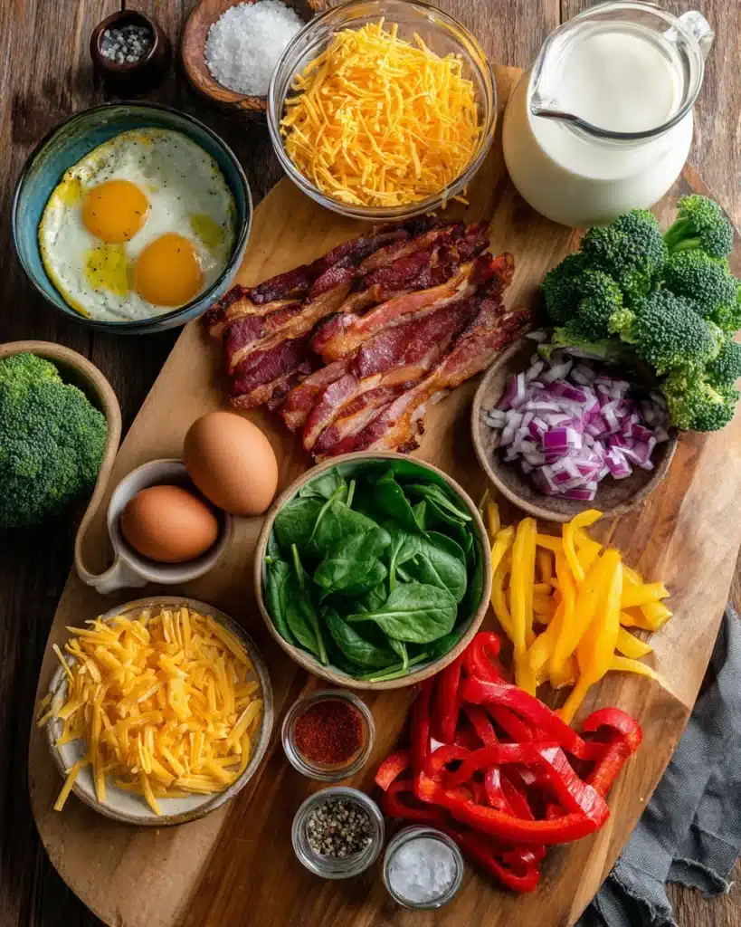 Frittata ingredients including eggs, bacon, cheese, spinach, peppers, and milk on a wooden board