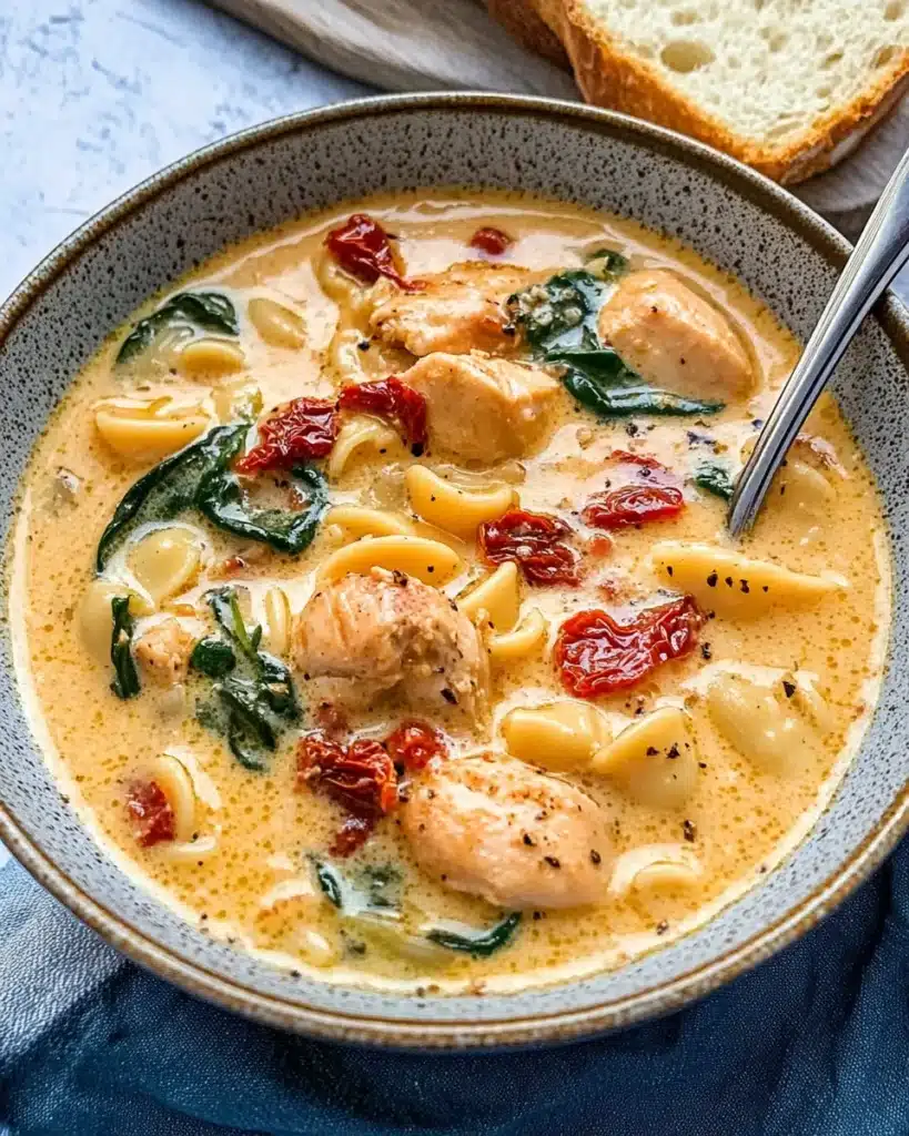 Romantic creamy chicken soup with spinach, pasta, and sun-dried tomatoes