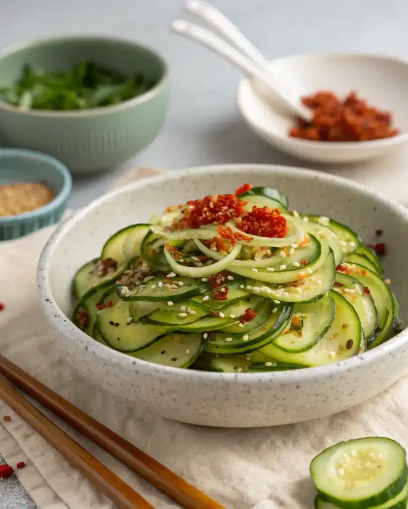 Sliced Korean cucumber salad with chili oil, sesame seeds, and garlic in a white bowl.