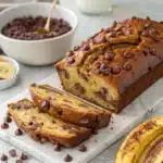 Freshly sliced banana bread with chocolate chips and ripe bananas
