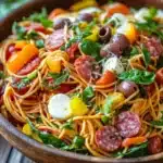 Italian spaghetti salad with spinach, basil, salami, tomatoes, and mozzarella balls