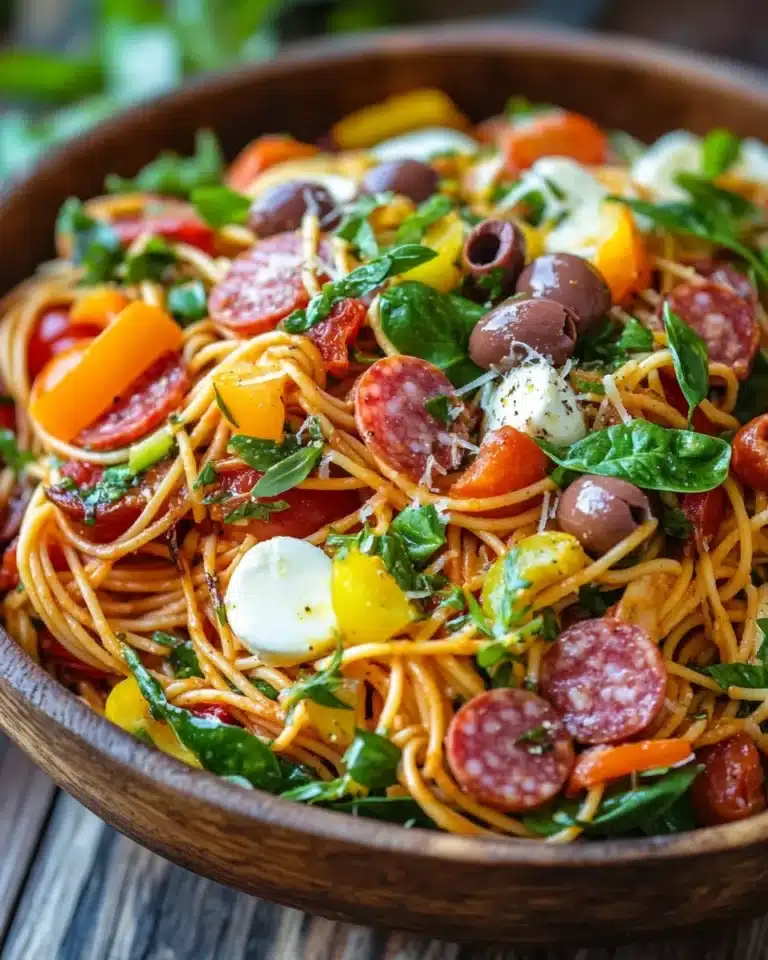 Italian spaghetti salad with spinach, basil, salami, tomatoes, and mozzarella balls