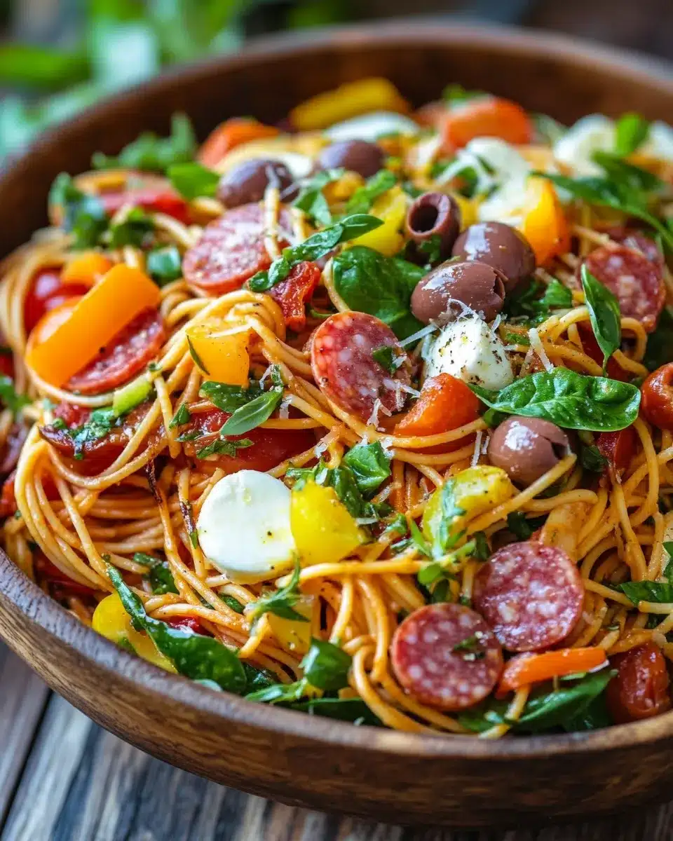 Italian spaghetti salad with spinach, basil, salami, tomatoes, and mozzarella balls
