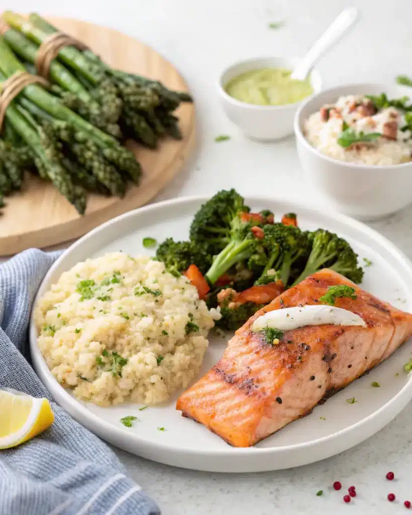 Air fryer salmon served with couscous, broccoli, and sauce on a white plate.