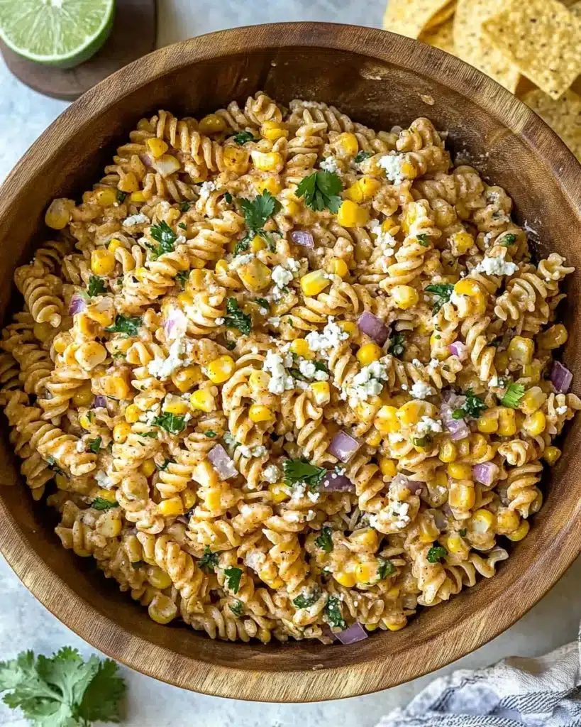 Bowl of Elote pasta salad with lime wedge, cotija cheese, and cilantro