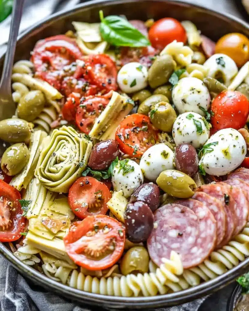 Italian antipasto pasta salad with rotini, olives, artichokes, mozzarella balls, and salami.
