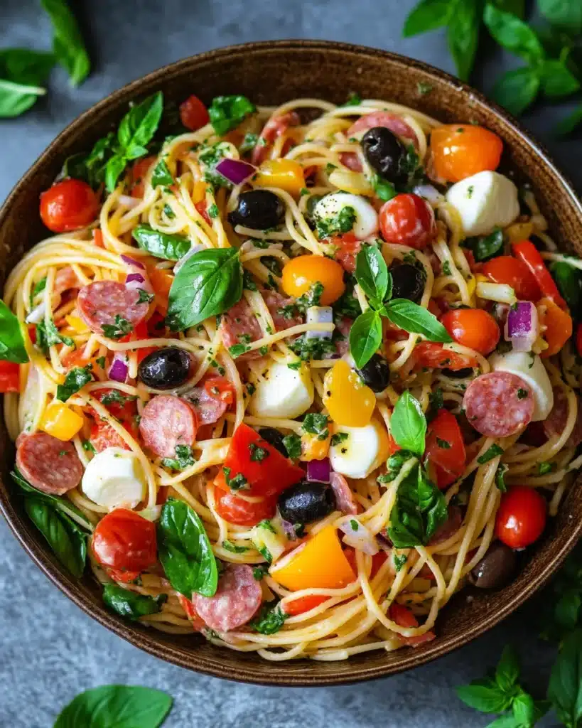Bowl of Italian spaghetti salad with spinach, cherry tomatoes, olives, and cheese