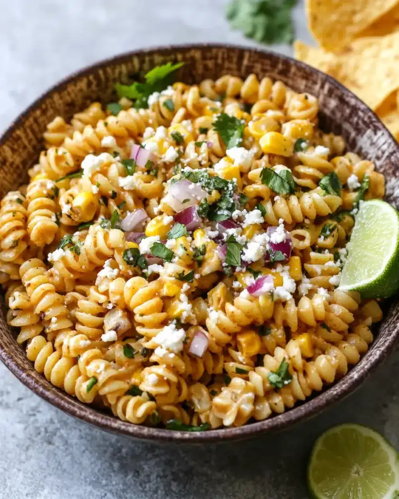 Bold Elote pasta salad with corn, red onion, cotija, and herbs in a rustic bowl