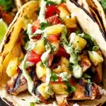 Smoky grilled chicken taco with pineapple salsa and creamy avocado drizzle