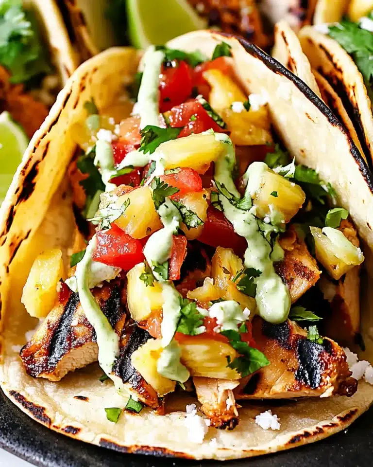 Smoky grilled chicken taco with pineapple salsa and creamy avocado drizzle