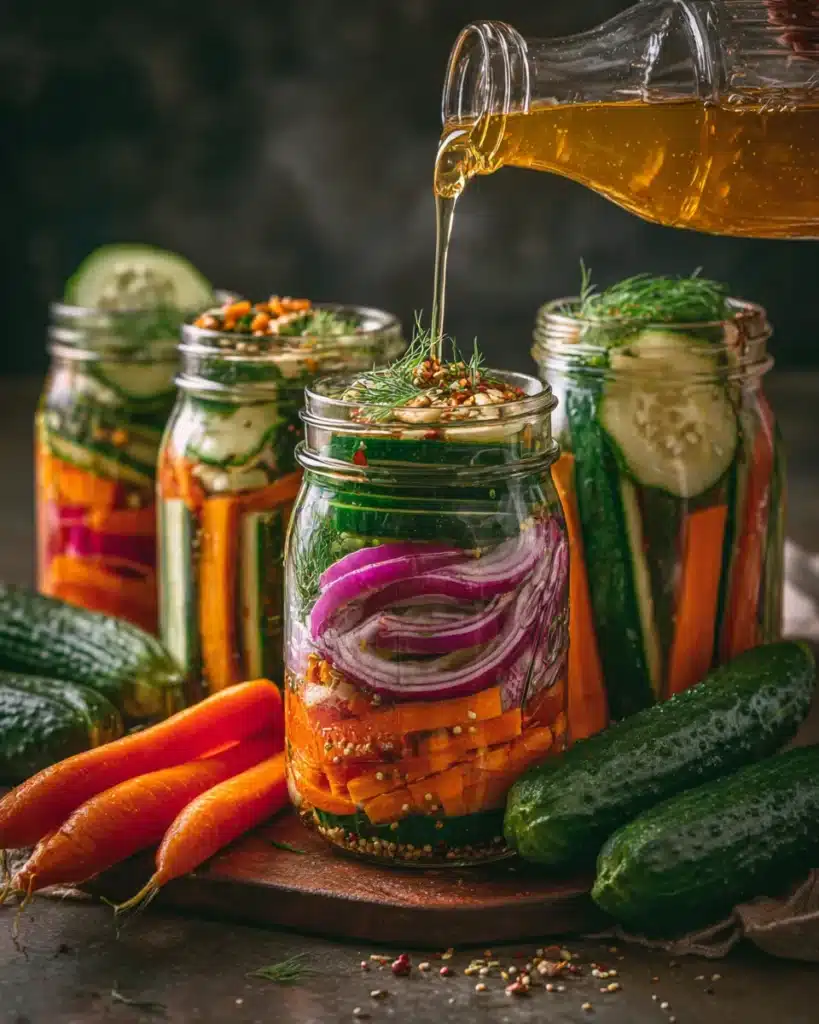 Pouring vinegar into jars of colorful homemade refrigerator pickles with cucumbers, carrots, onions, and spices.