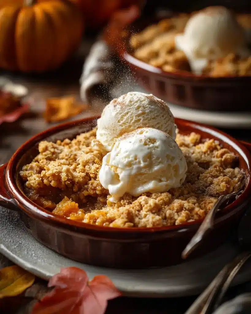 Pumpkin crisp in a brown dish topped with two scoops of vanilla ice cream and cinnamon sprinkle