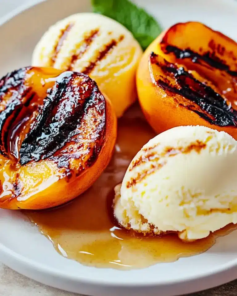 Grilled peaches served with scoops of vanilla ice cream and syrup drizzle.