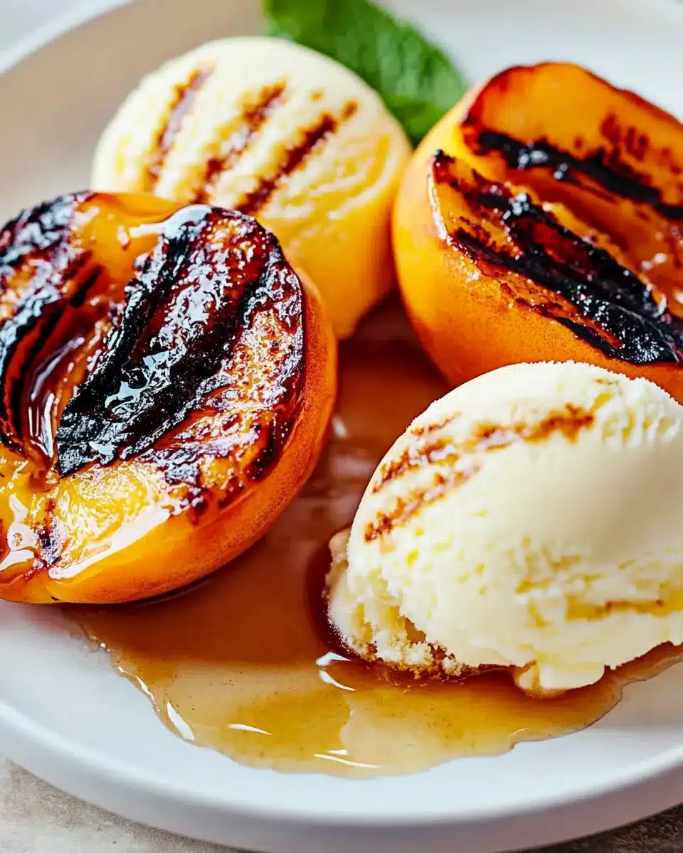 Grilled peaches served with scoops of vanilla ice cream and syrup drizzle.