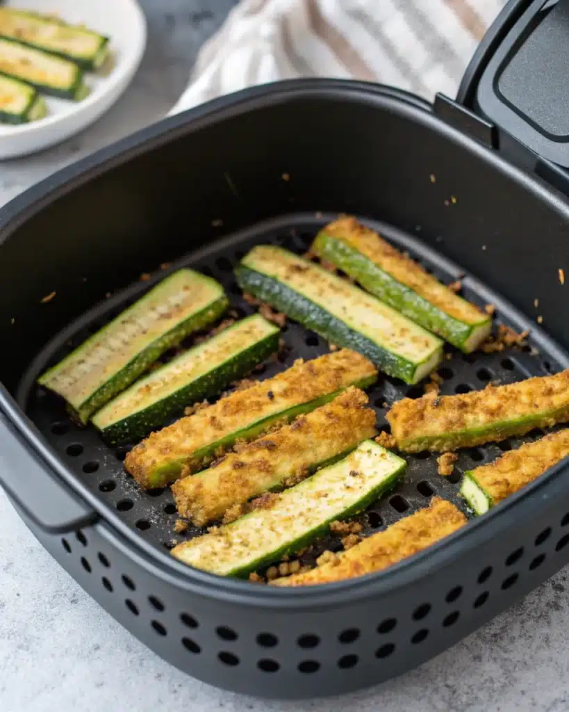 Zucchini fries cooking in air fryer basket for a healthy snack