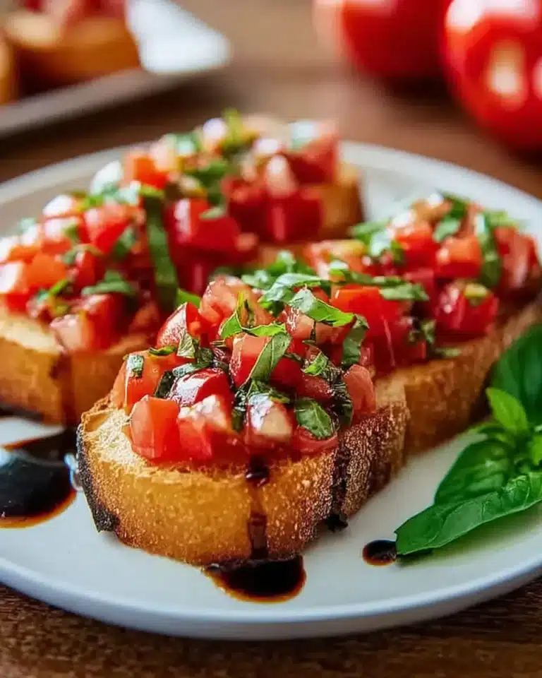 Italian bruschetta with fresh tomato basil topping and balsamic drizzle
