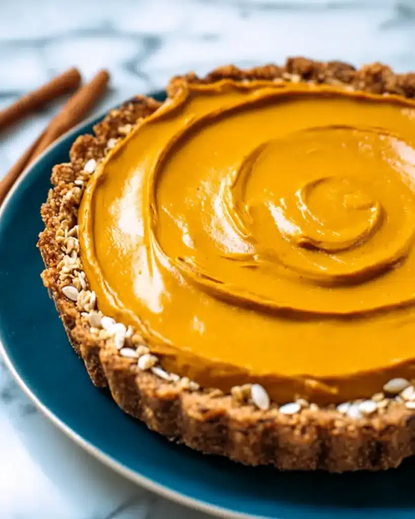 Vegan pumpkin pie with granola crust and slice removed