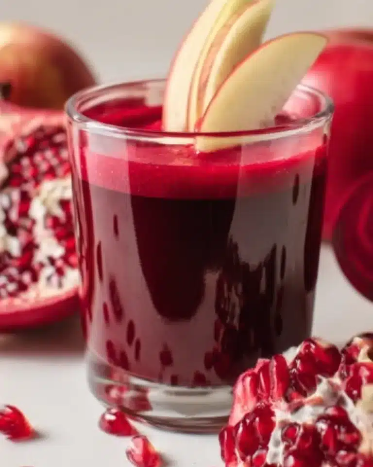 Fresh beetroot, apple, and pomegranate juice in a clear glass with apple slices garnish.