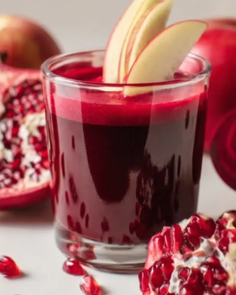 Fresh beetroot, apple, and pomegranate juice in a clear glass with apple slices garnish.