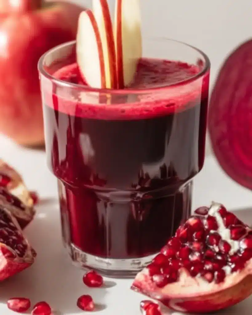 Beetroot, apple, and pomegranate juice with apple slice garnish and pomegranate seeds.