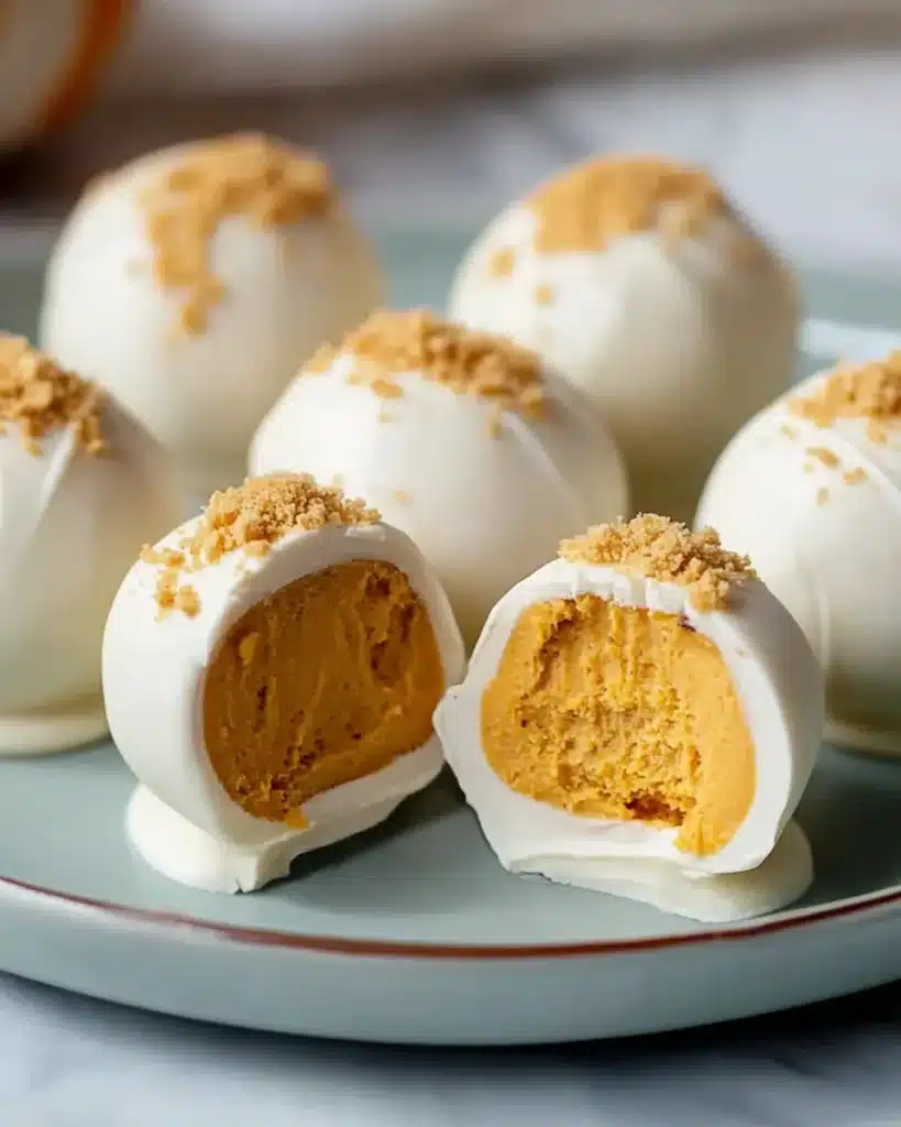 No bake pumpkin cheesecake balls coated in white chocolate