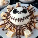 Jack Skellington Halloween cheese ball with chocolate drizzle and cheese cubes
