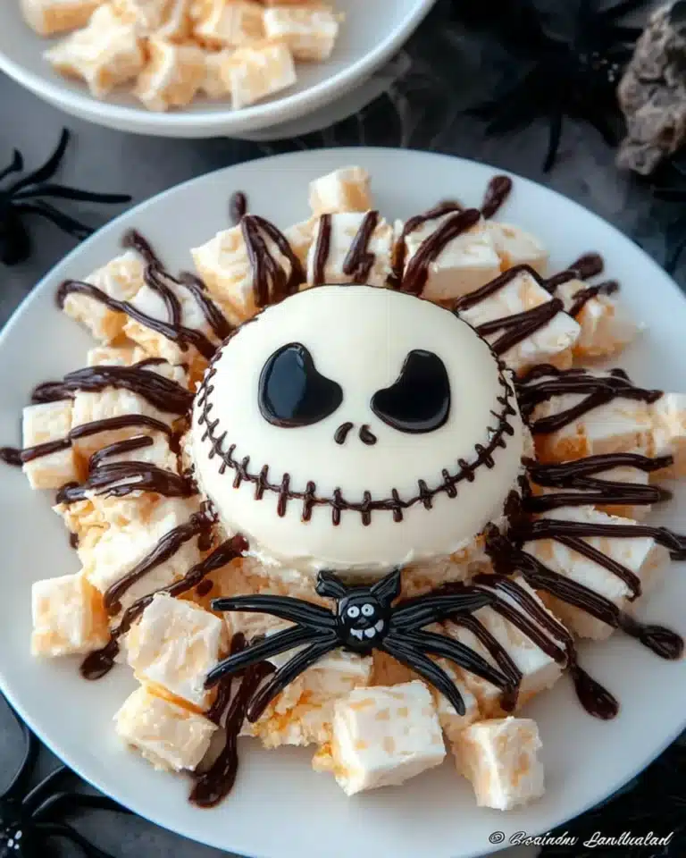 Halloween Jack Skellington cheese ball with black olive face and cheese cubes