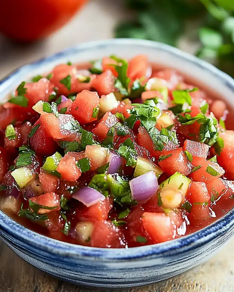 Garden fresh tomato salsa with red onion and cilantro in blue ceramic bowl