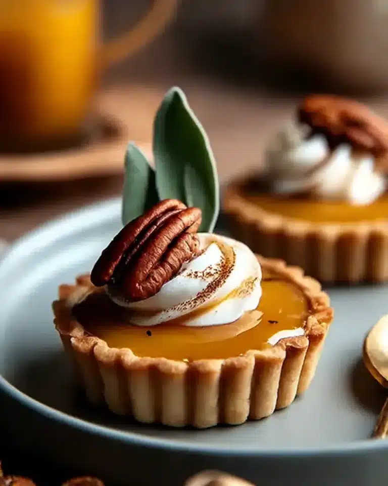 Mini pumpkin spice caramel tart with whipped cream and pecan garnish