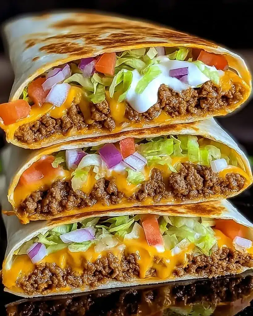 Stacked homemade Taco Bell Crunchwrap Supremes with beef, cheese, lettuce, tomato, and sour cream