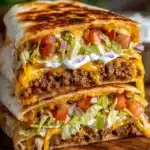 Crispy grilled homemade Crunchwrap Supreme with beef, cheese, lettuce, tomato, and sour cream