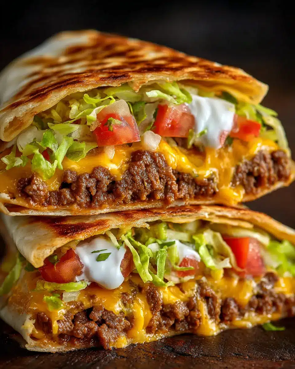 Homemade Taco Bell Crunchwrap Supreme with beef, cheese, lettuce, tomato, and sour cream