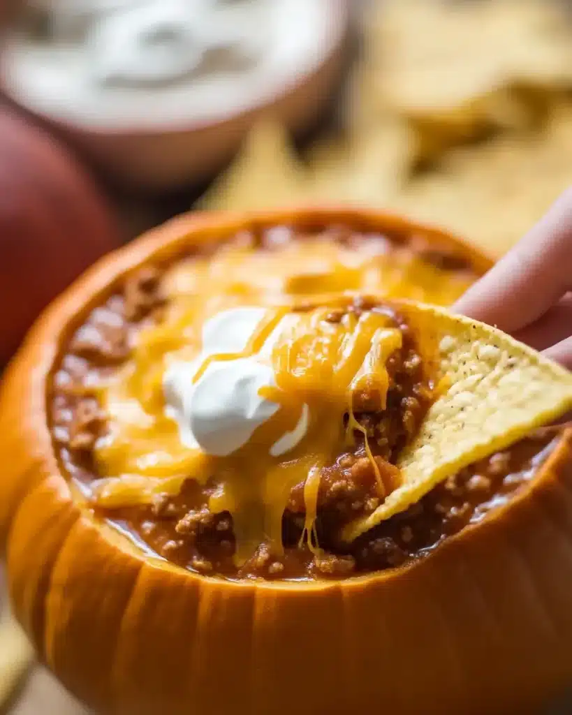Cheesy pumpkin chili in pumpkin bowl with tortilla chip dipped in