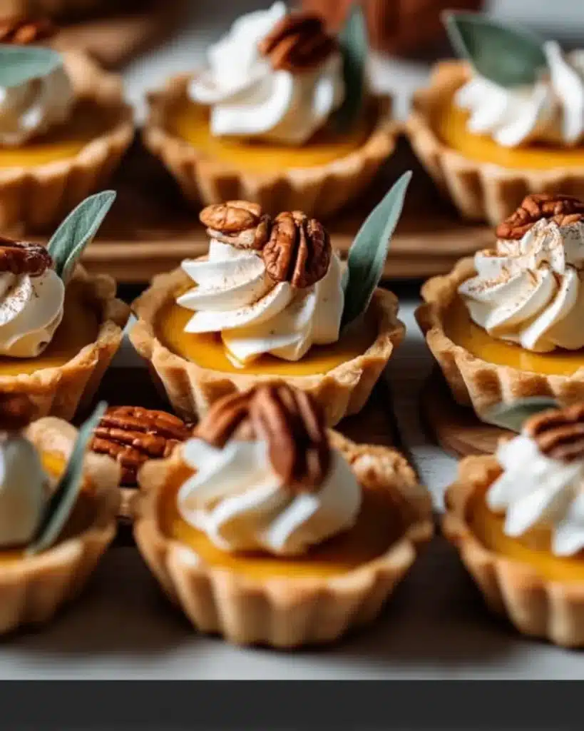 Assorted mini pumpkin spice caramel tarts with whipped cream and pecans
