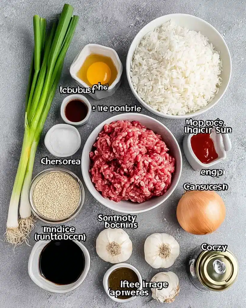 Ground beef and rice ingredients with garlic, onion, soy sauce, and seasonings.