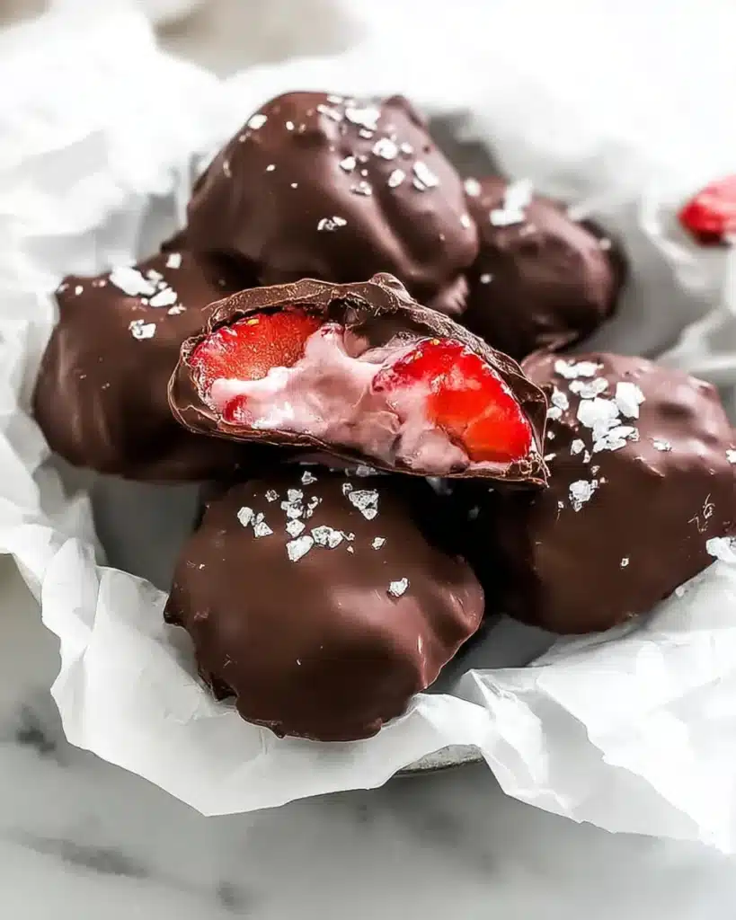 Chocolate covered strawberry yogurt bites with sea salt