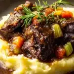 Tender apple cider braised short ribs with vegetables over mashed potatoes.