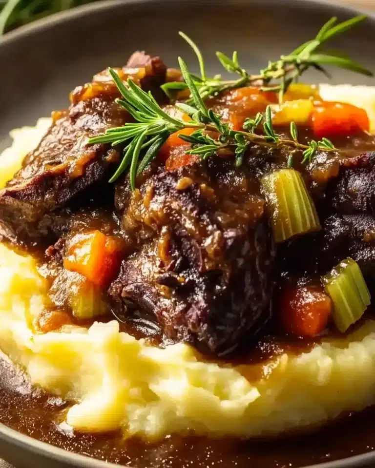 Tender apple cider braised short ribs with vegetables over mashed potatoes.