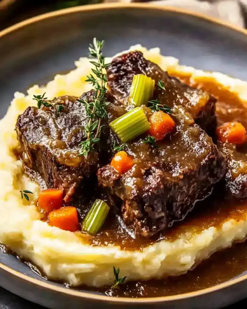 Braised short ribs in apple cider gravy over mashed potatoes with carrots and thyme.