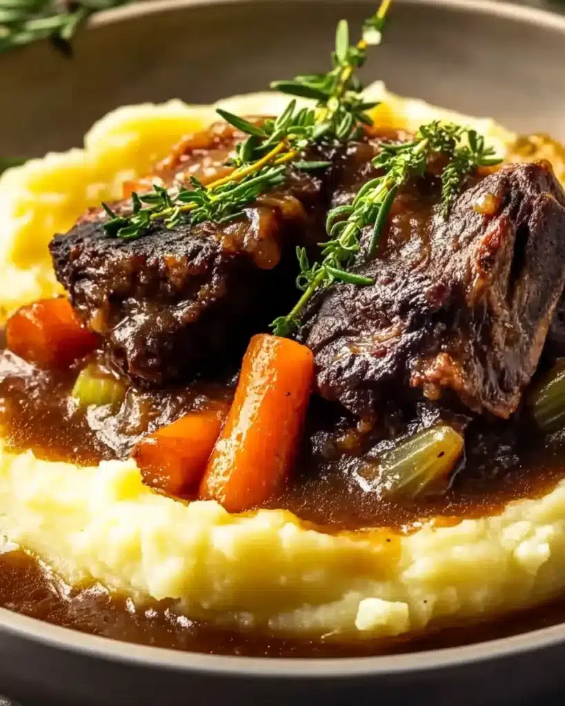 Apple cider braised short ribs with mashed potatoes, carrots, celery, and fresh rosemary.