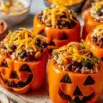 Halloween jack-o’-lantern stuffed peppers with cheesy beef, rice, beans, and corn