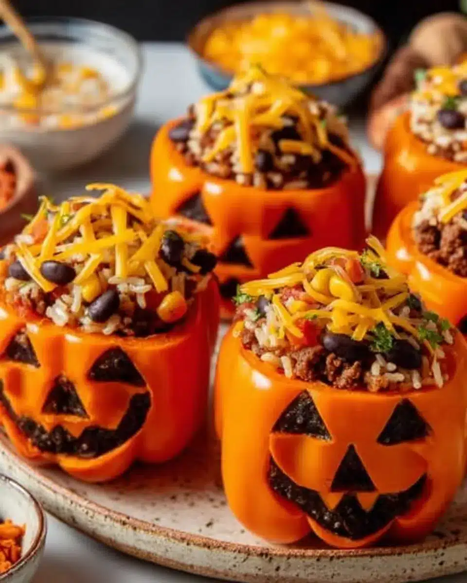 Halloween jack-o’-lantern stuffed peppers with cheesy beef, rice, beans, and corn