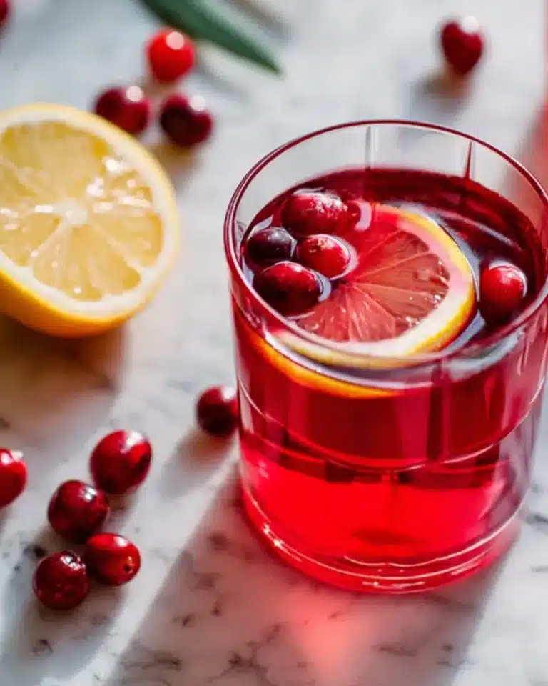 Glass of cranberry juice with lemon slice and fresh cranberries