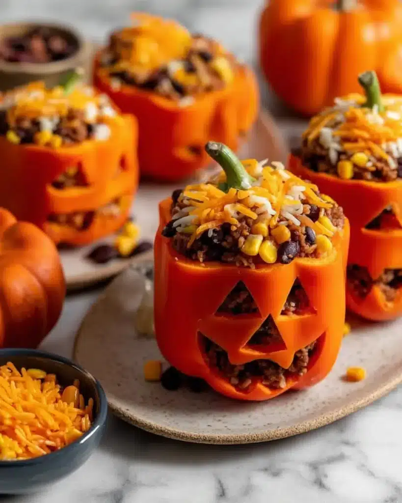 Halloween stuffed pepper jack-o’-lantern filled with rice, beef, beans, and cheese; Stuffed Pepper Jack-o-Lanterns